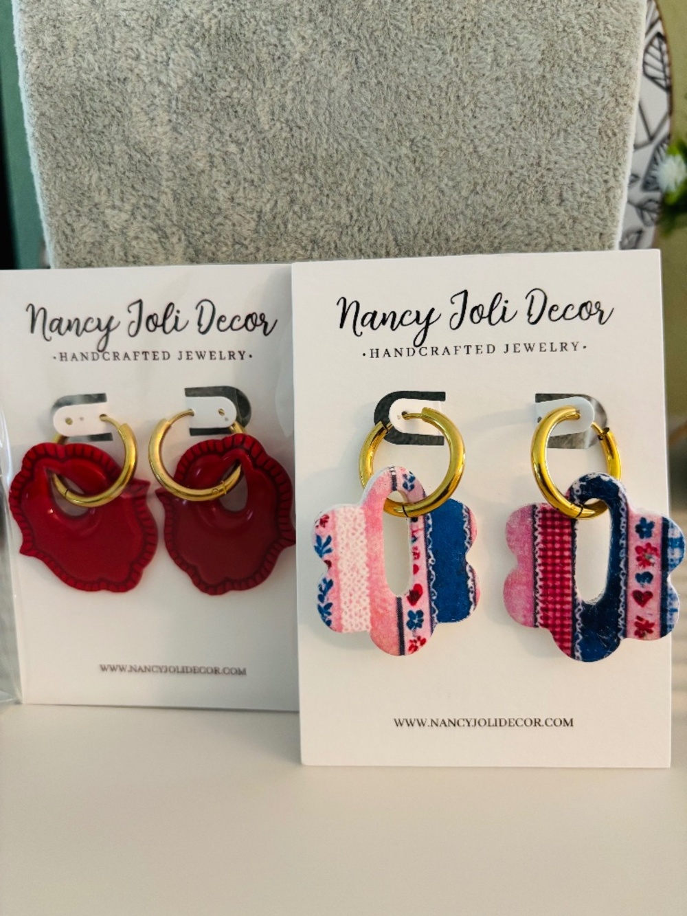 Set of 2 Polymer Clay Earrings -Red and Patchwork